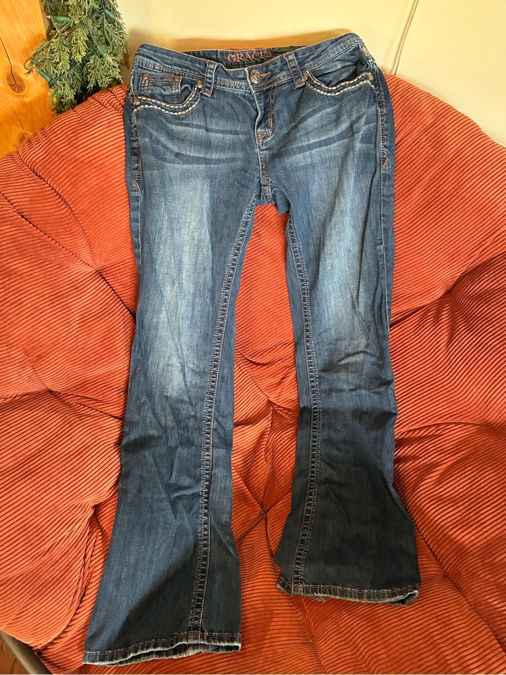 Grace in LA Women's Dark Blue Flare Jeans with Whisker Fade